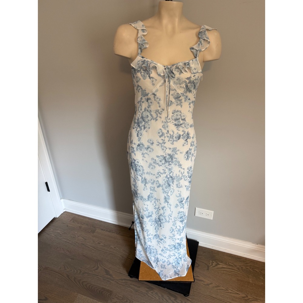 Open Edit Blue White Floral Ruffle Maxi Dress XXS Sweetheart Slit Toile Print